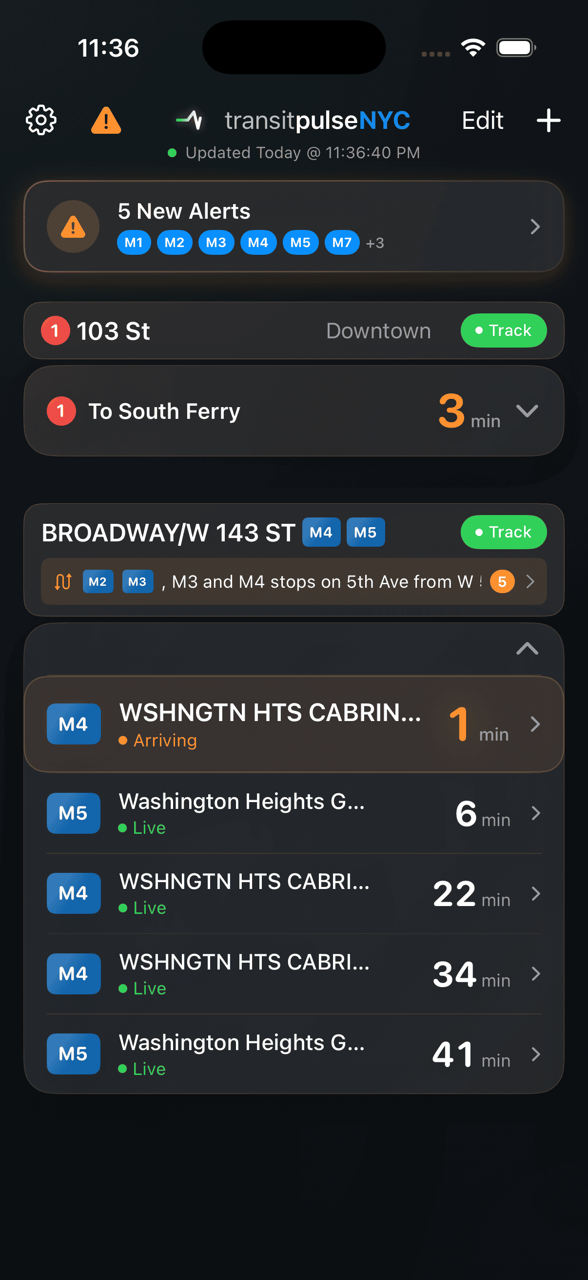 Transit Pulse NYC iPhone app showing real-time subway arrivals for NYC MTA stations
